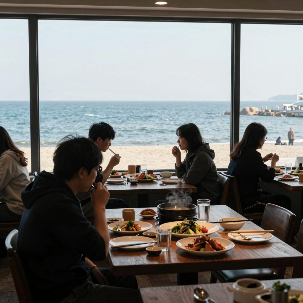 태안 마검포항 바다뷰가 보이는 횟집 내부 전경, 창가에 앉아 바다를 보며 식사하는 모습