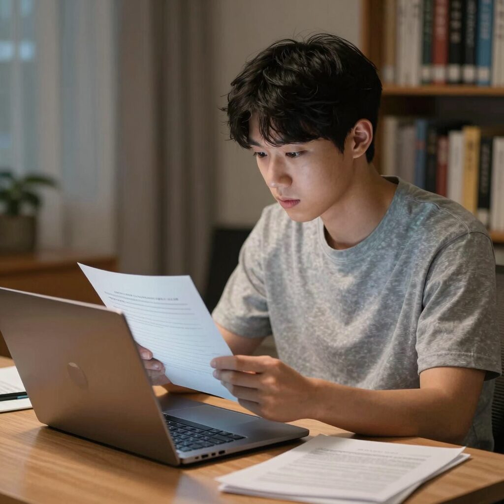 대학원생이 노트북으로 홈택스에 접속해 세금환급 서류를 확인하는 모습