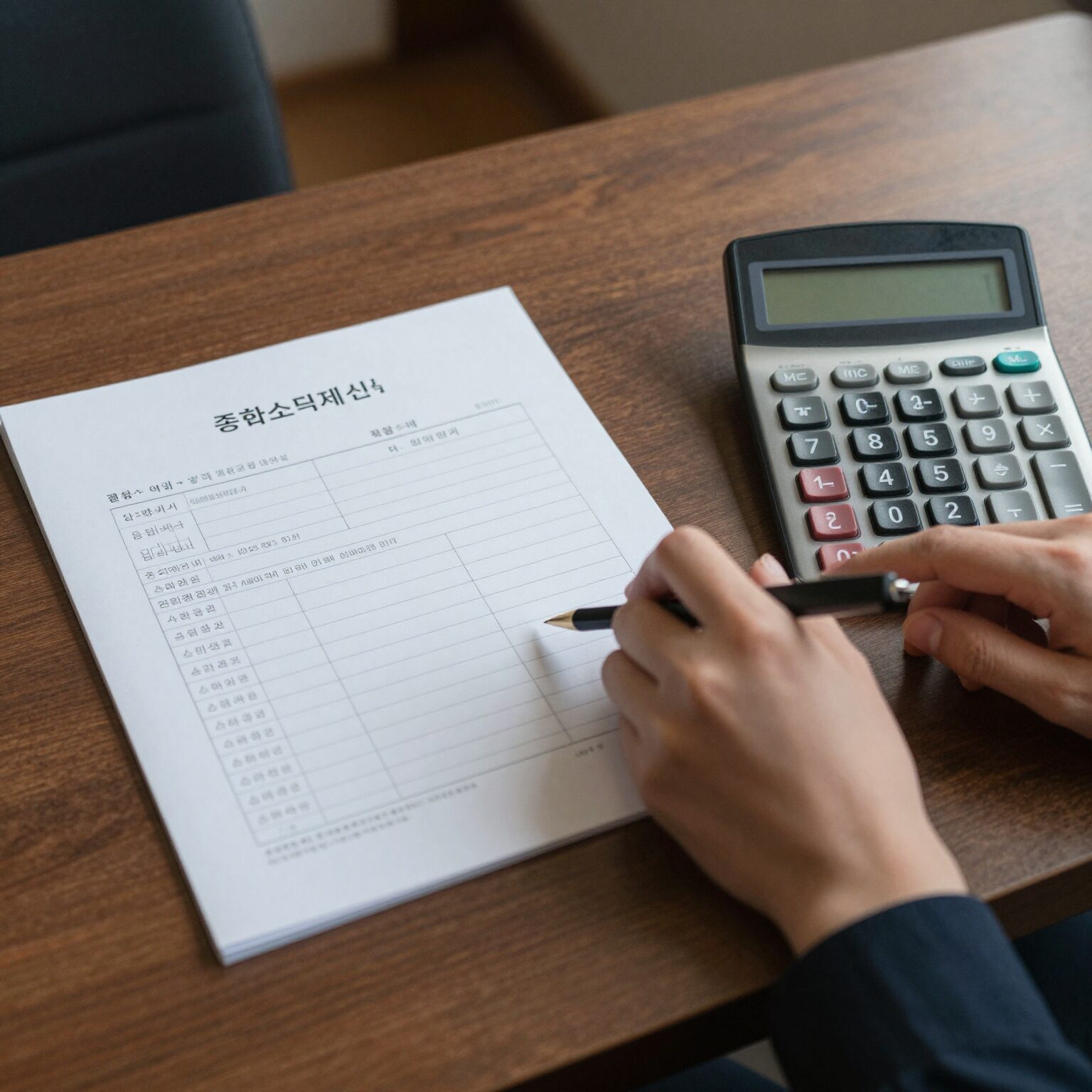 책상 위에 놓인 종합소득세 신고 서류와 계산기