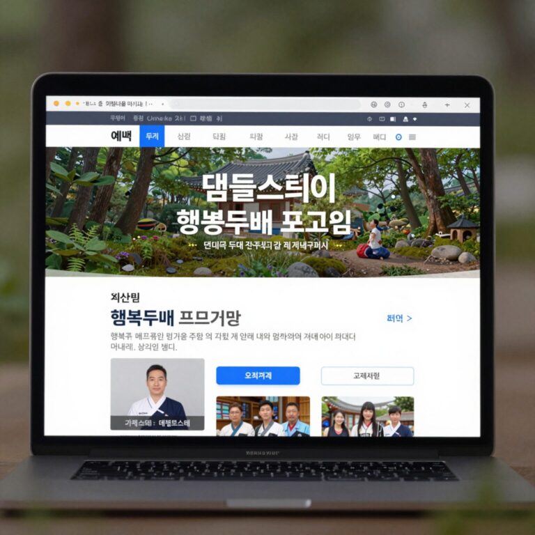 템플스테이 홈페이지 예약 화면, 행복두배 프로그램 배너와 지역 선택 필터가 보이는 컴퓨터 모니터