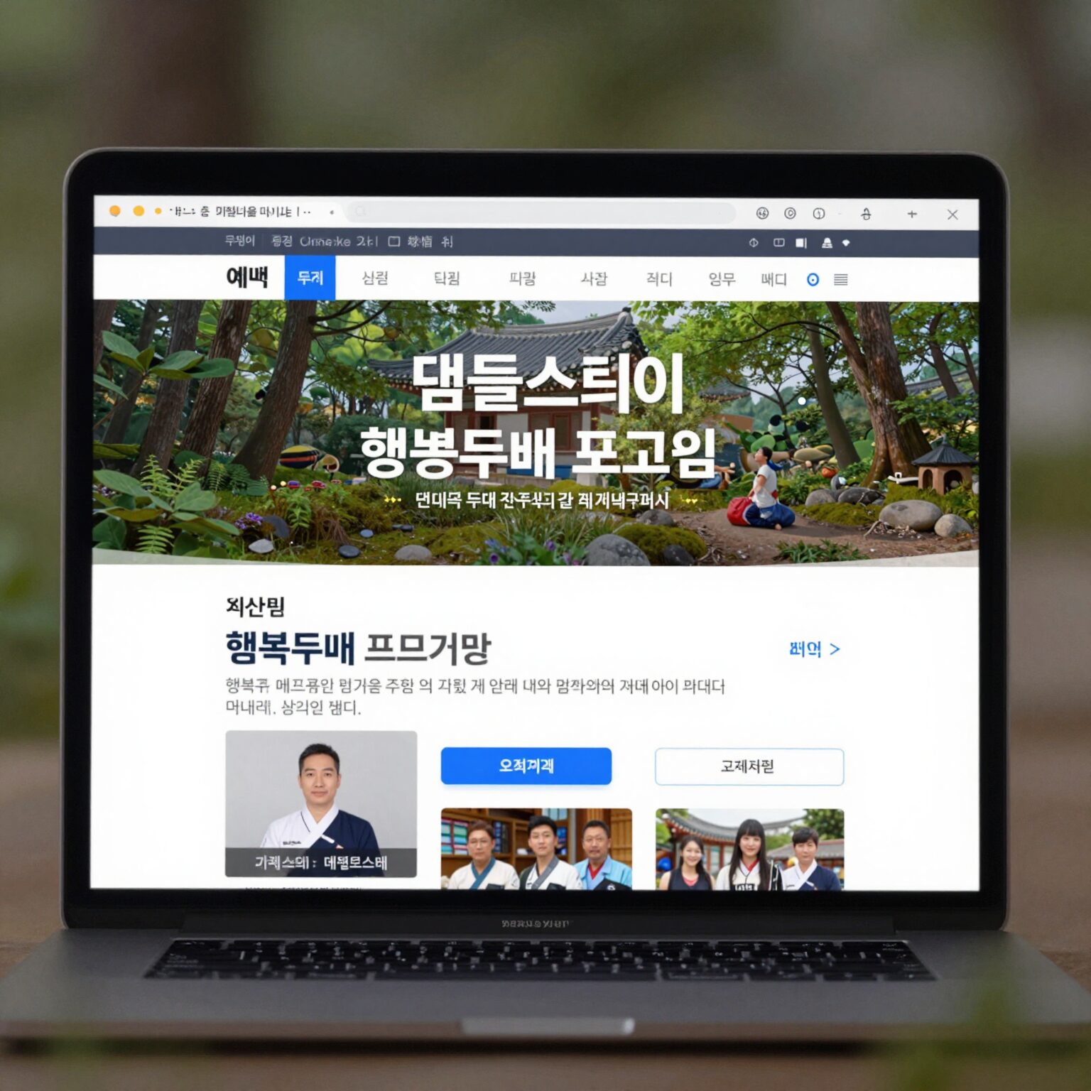 템플스테이 홈페이지 예약 화면, 행복두배 프로그램 배너와 지역 선택 필터가 보이는 컴퓨터 모니터