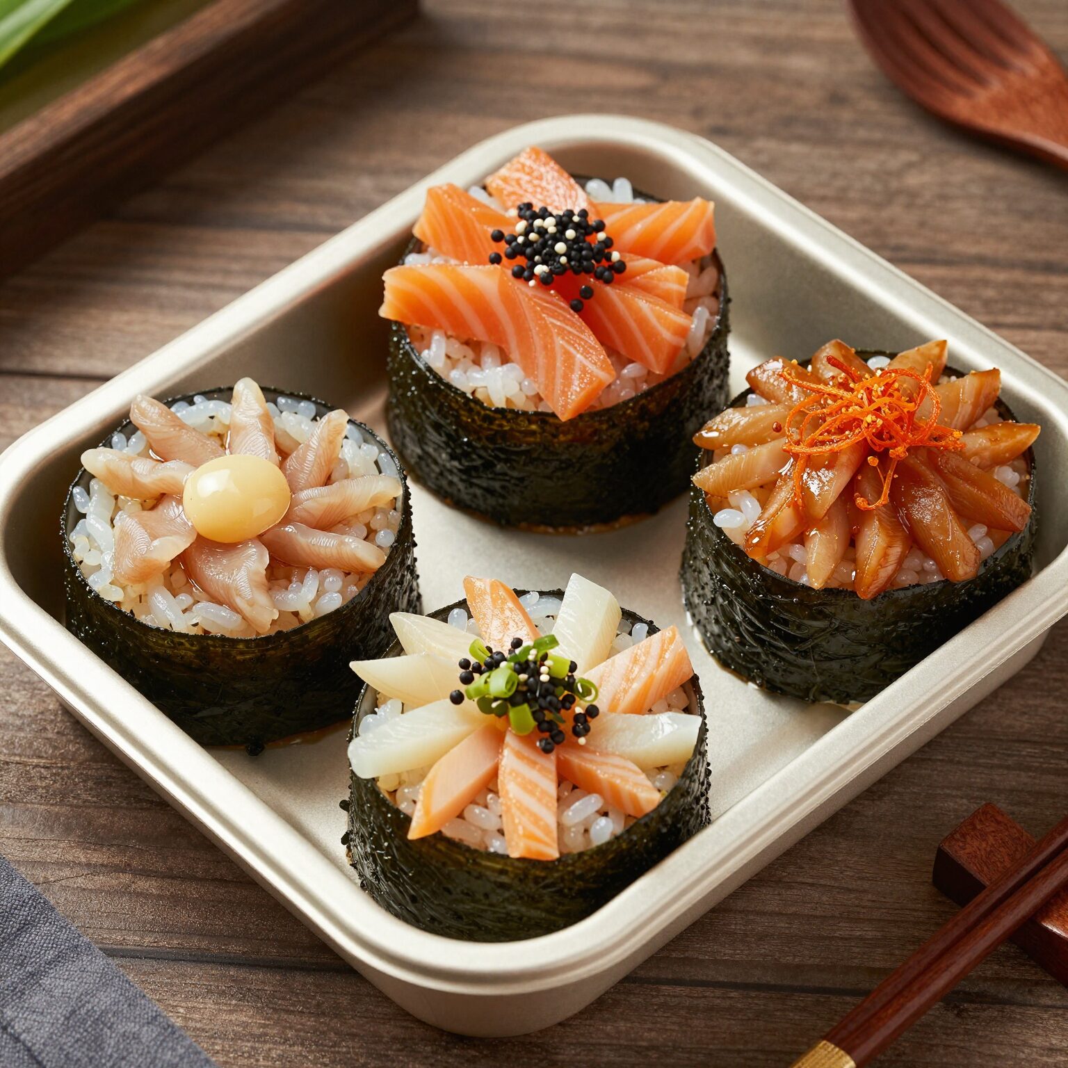 네 가지 토핑이 올라간 유부초밥 도시락 접시