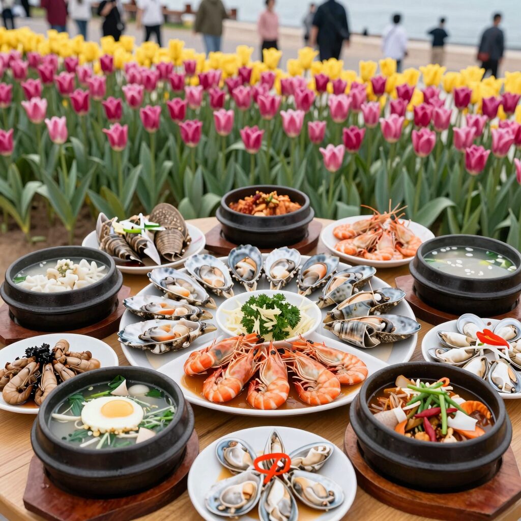태안 안면도 튤립축제 맛집 게국지와 다양한 해산물 요리가 차려진 상차림