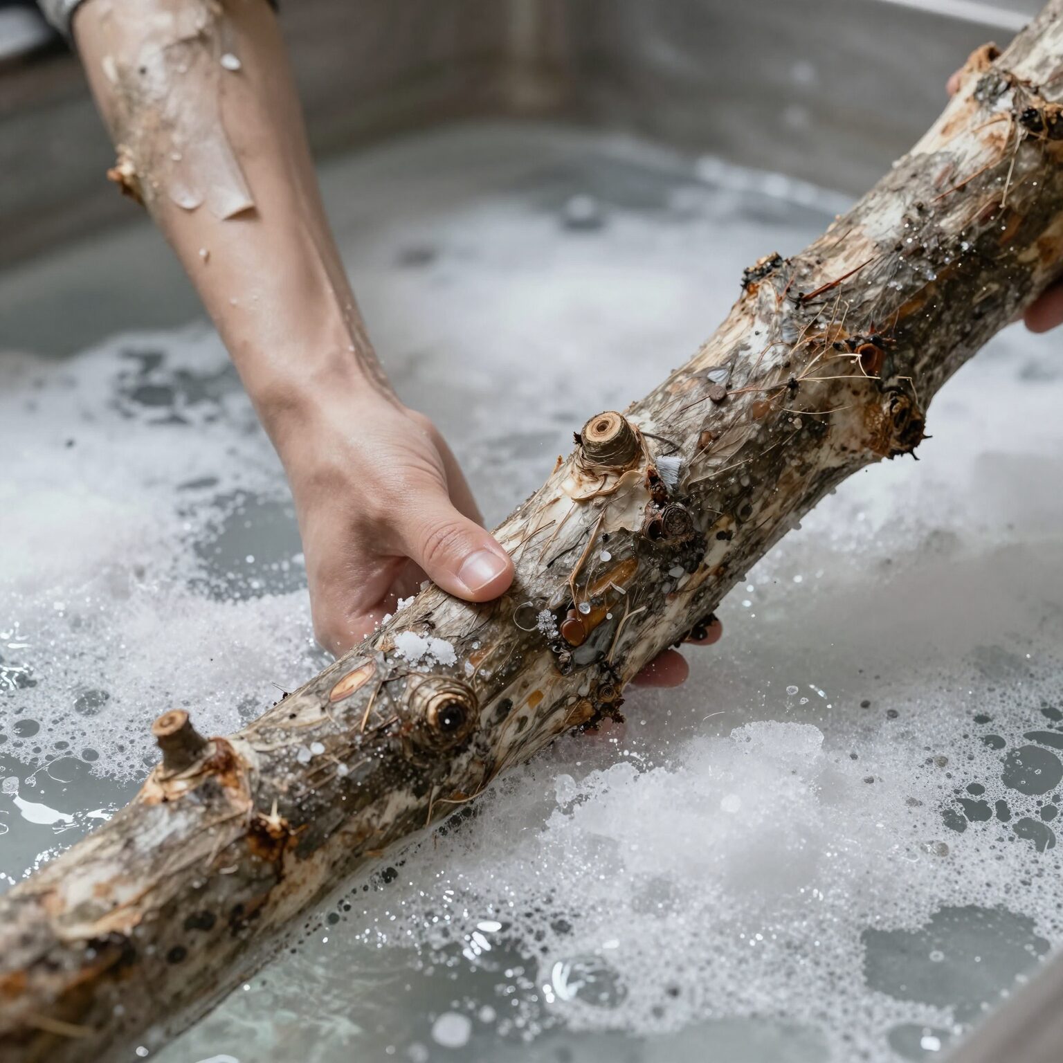 엄나무순을 소금물에 데치는 과정, 줄기부터 넣어 데침