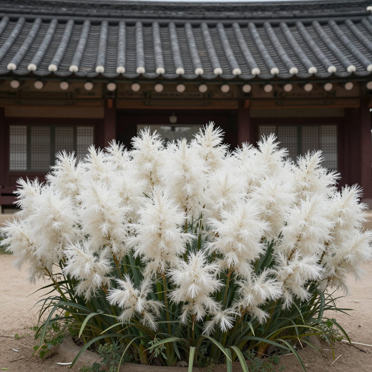 하얗게 만개한 불두화가 정원 한가운데서 둥근 공처럼 피어 있는 모습. 사찰 정원에서 흔히 볼 수 있는 청초한 분위기