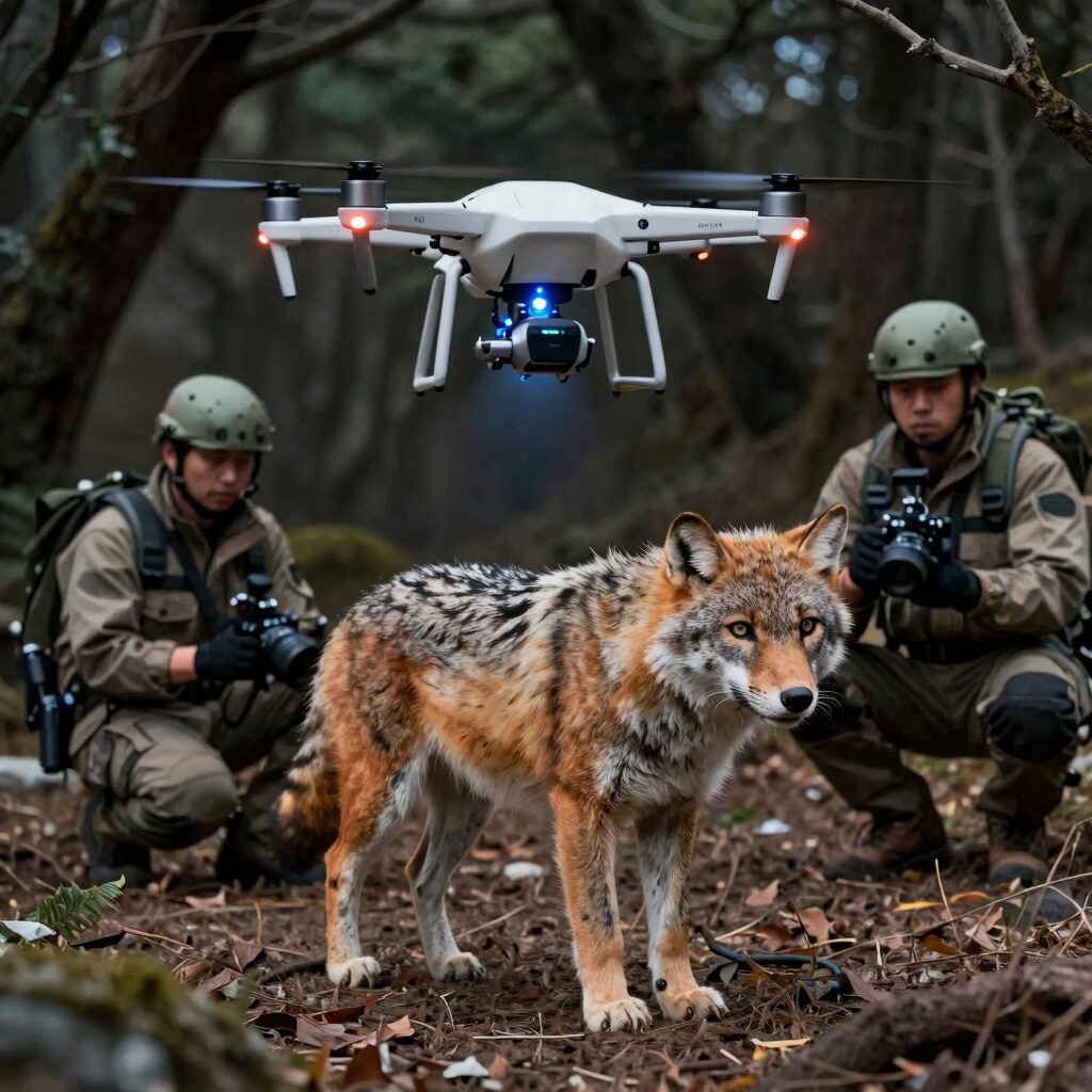 대전 오월드 늑대 수색 작전 현장, 드론과 열화상 장비를 동원한 수색대 모습
