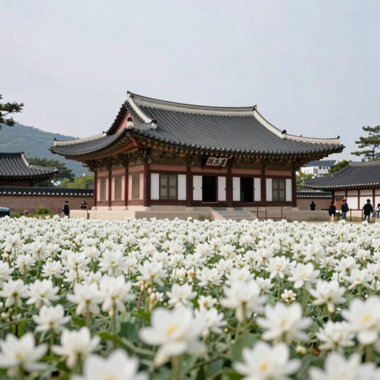 월곡역사공원 낙동서원 앞 만개한 백매화와 고즈넉한 전통 건물 풍경