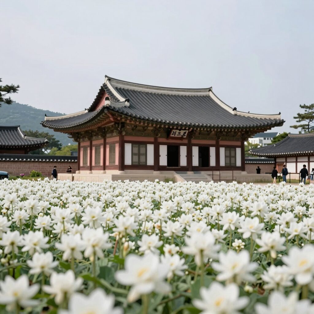월곡역사공원 낙동서원 앞 만개한 백매화와 고즈넉한 전통 건물 풍경