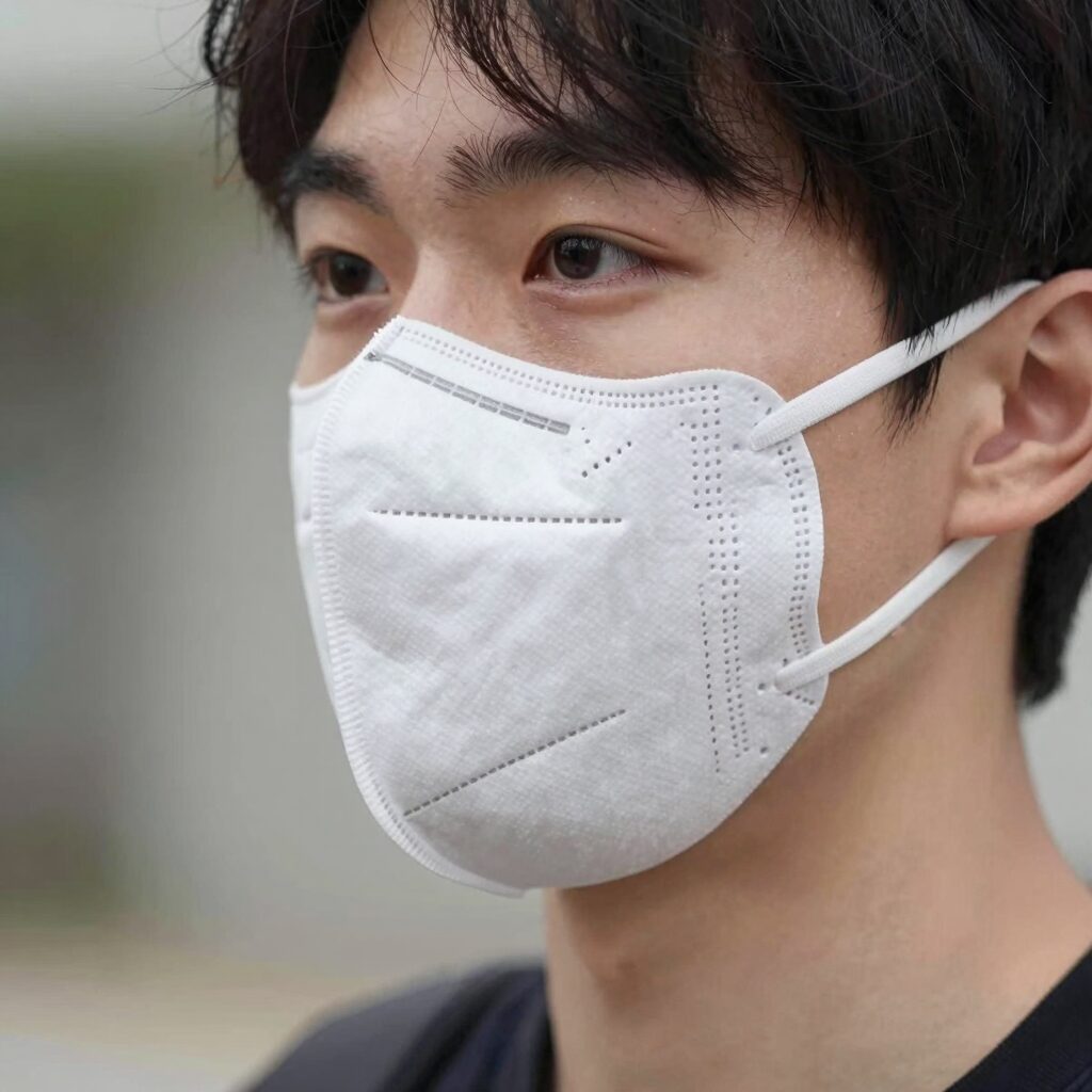 KF94 새부리형 황사 마스크를 얼굴에 밀착시켜 착용하는 모습