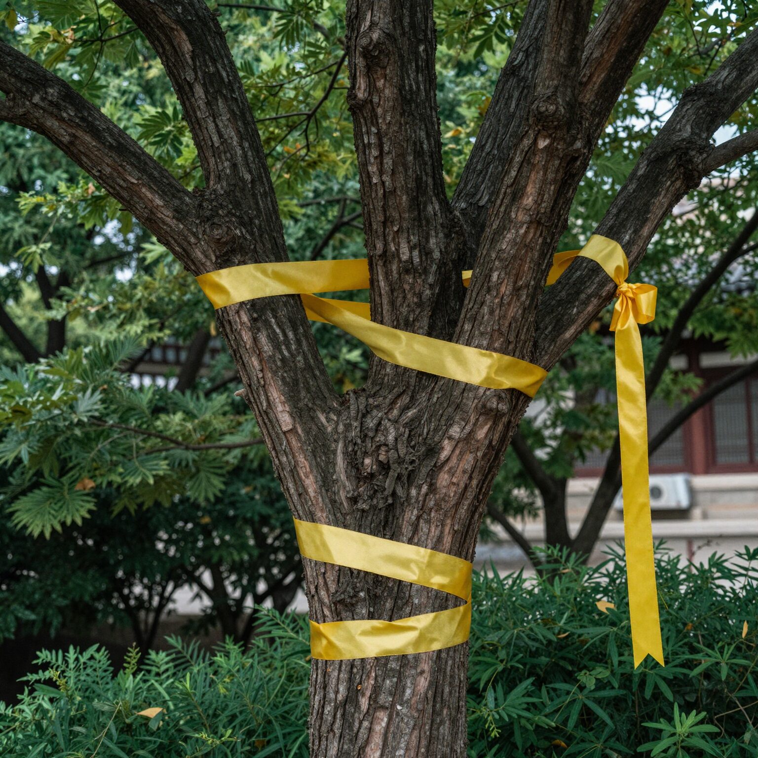 서울대입구역 전봇대와 나무에 매달린 여러 개의 노란 리본이 바람에 휘날리고 있다