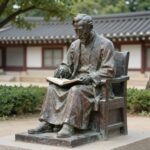 서울어린이대공원 후문 근처에 있는 윤석중 선생의 동상. 선생이 펜을 든 모습으로 의자에 앉아 글을 쓰는 듯한 자세를 취하고 있다.