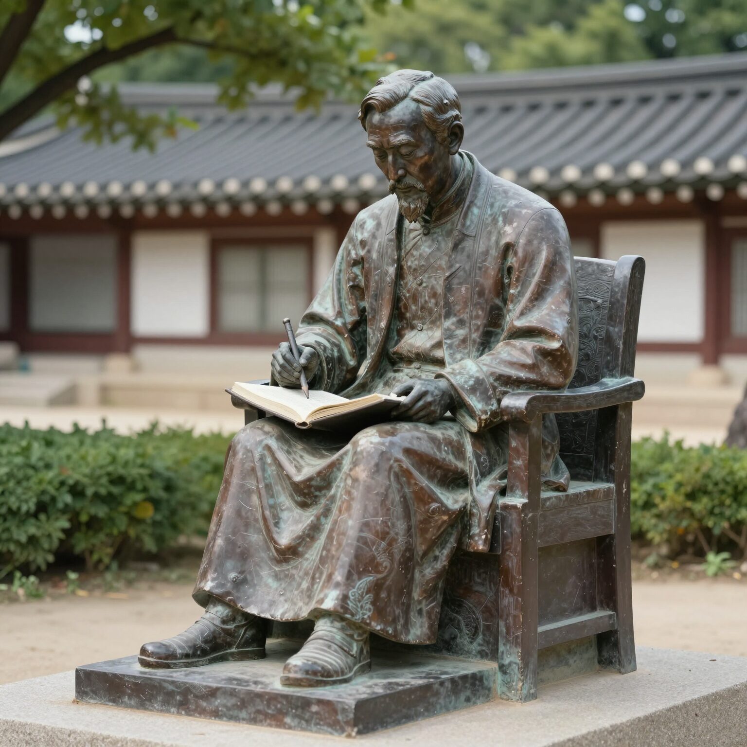 서울어린이대공원 후문 근처에 있는 윤석중 선생의 동상. 선생이 펜을 든 모습으로 의자에 앉아 글을 쓰는 듯한 자세를 취하고 있다.