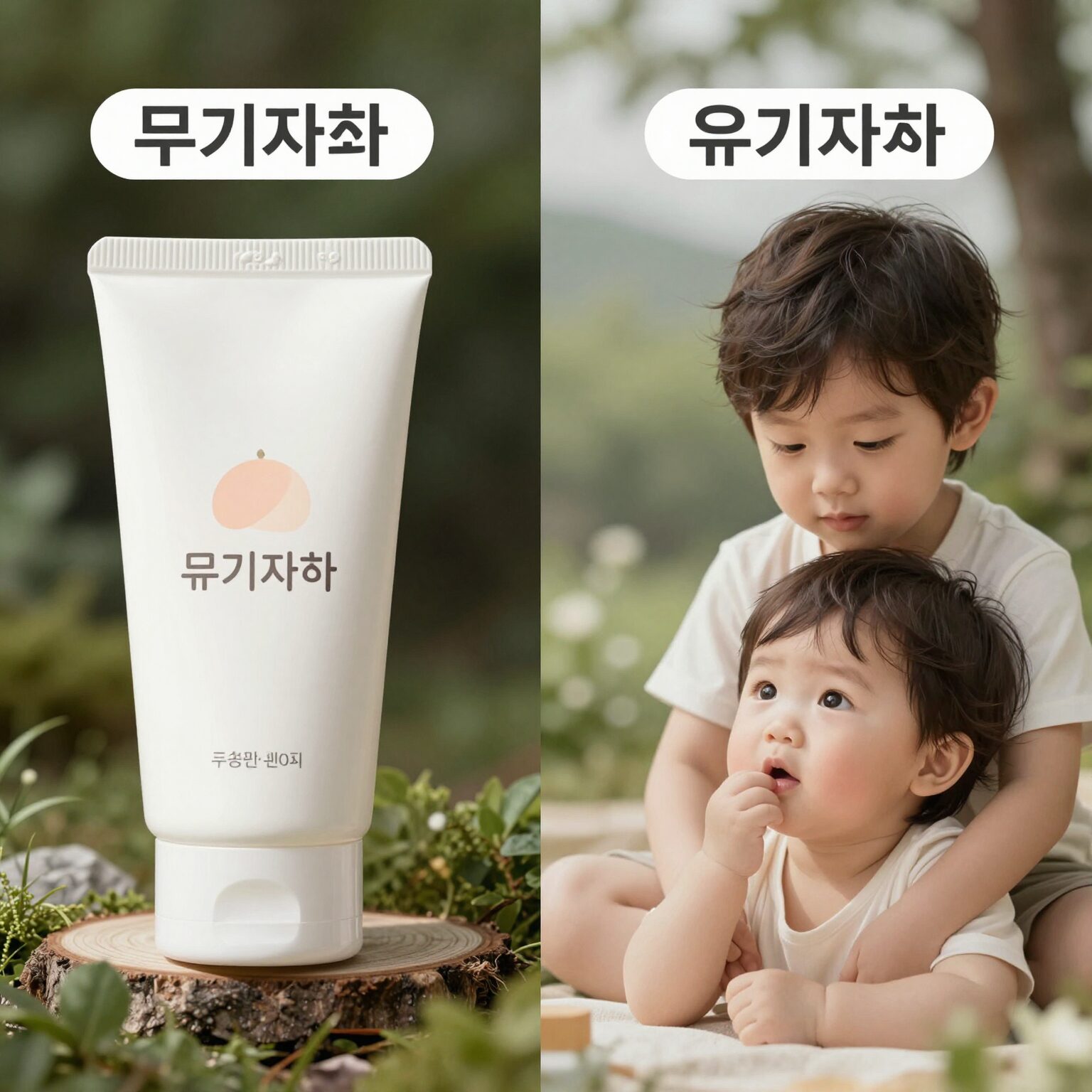 무기자차 유기자차 비교 이미지. 아기 선크림 선택 시 주성분과 차단 방식을 설명함.