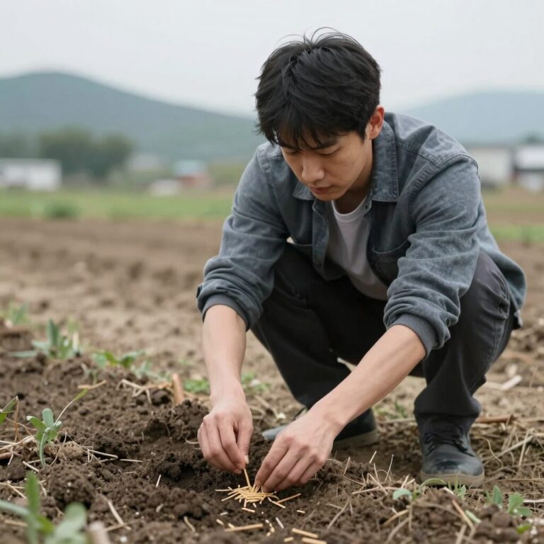 서리태 씨앗을 손에 쥐고 텃밭에 심을 준비하는 모습