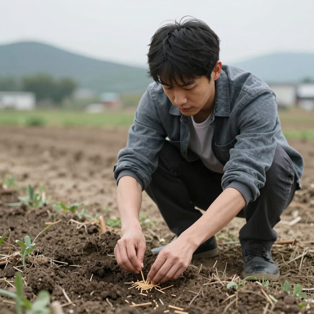 서리태 씨앗을 손에 쥐고 텃밭에 심을 준비하는 모습