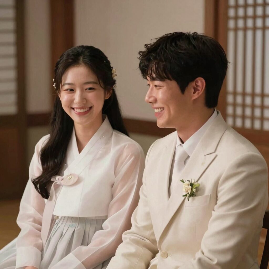 윤보미와 라도 결혼식에서 함께 웃고 있는 사진, 행복한 순간