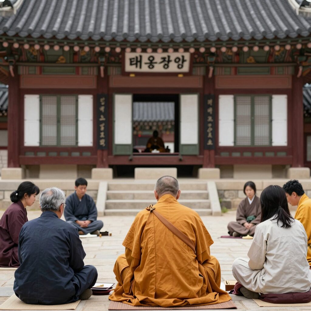 문경봉암사 대웅전 앞마당에서 스님과 함께하는 티타임 템플스테이 모습