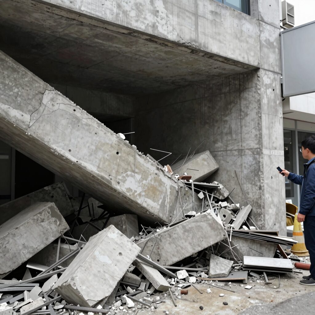 부산롯데백화점 천장 붕괴 사고 현장 모습, 콘크리트와 철근이 드러나고 주변이 통제된 모습