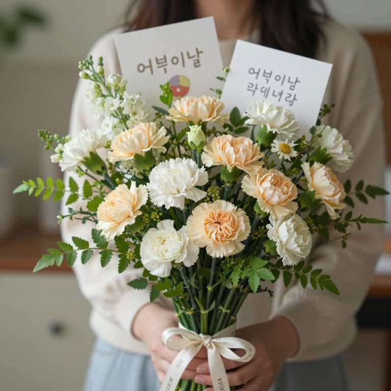 드라이플라워 카네이션 꽃다발과 함께 놓인 어버이날 카드 메세지