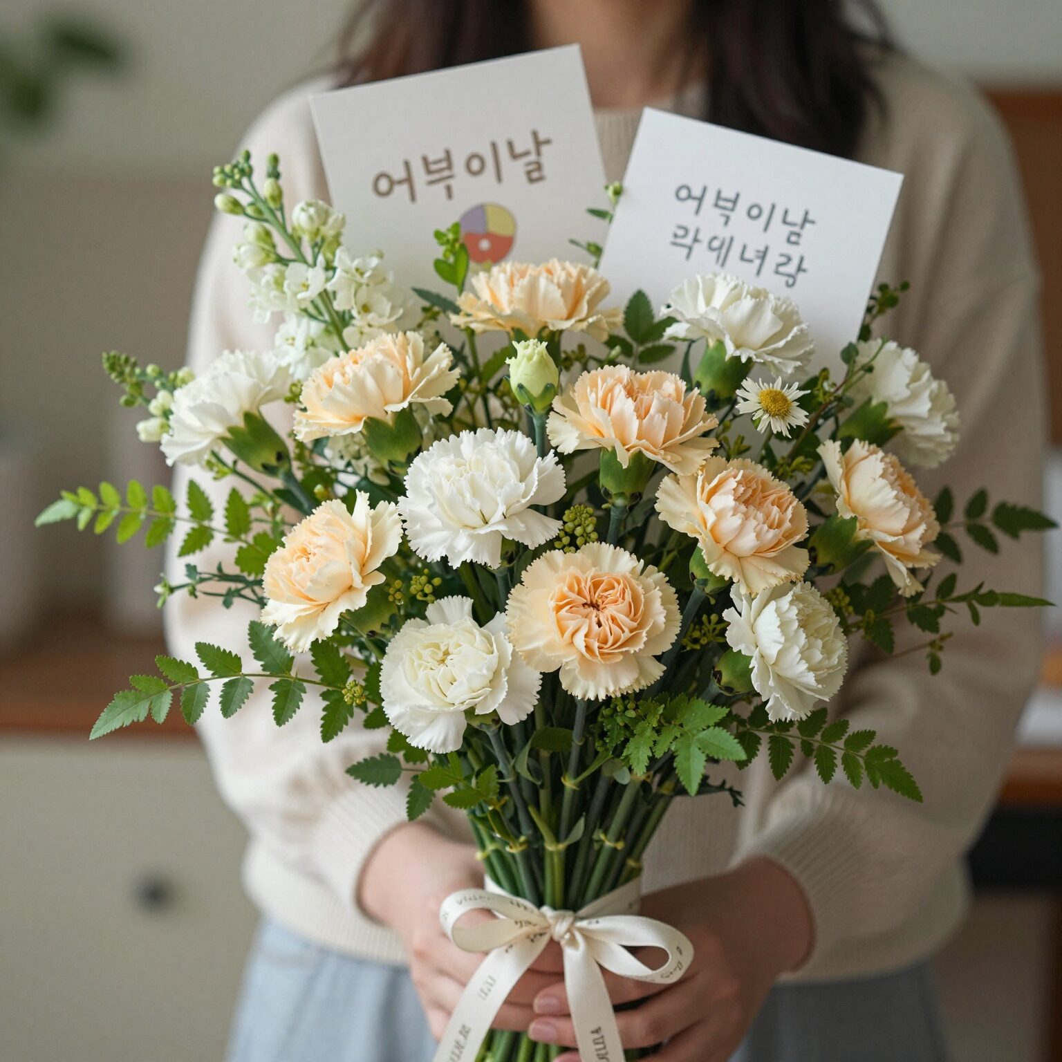드라이플라워 카네이션 꽃다발과 함께 놓인 어버이날 카드 메세지