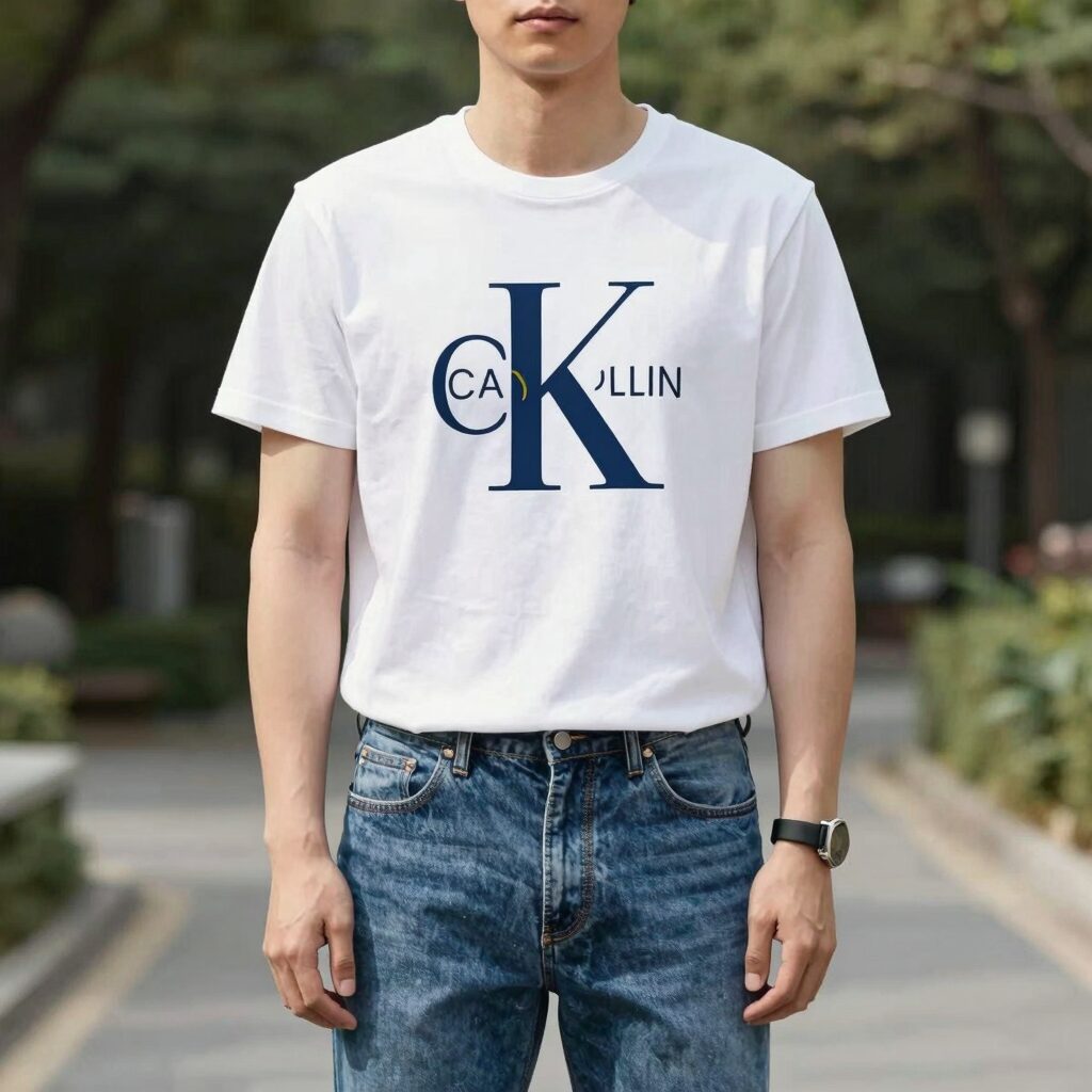 캘빈클라인 모노로고 반팔 티셔츠 화이트 데님 팬츠 코디