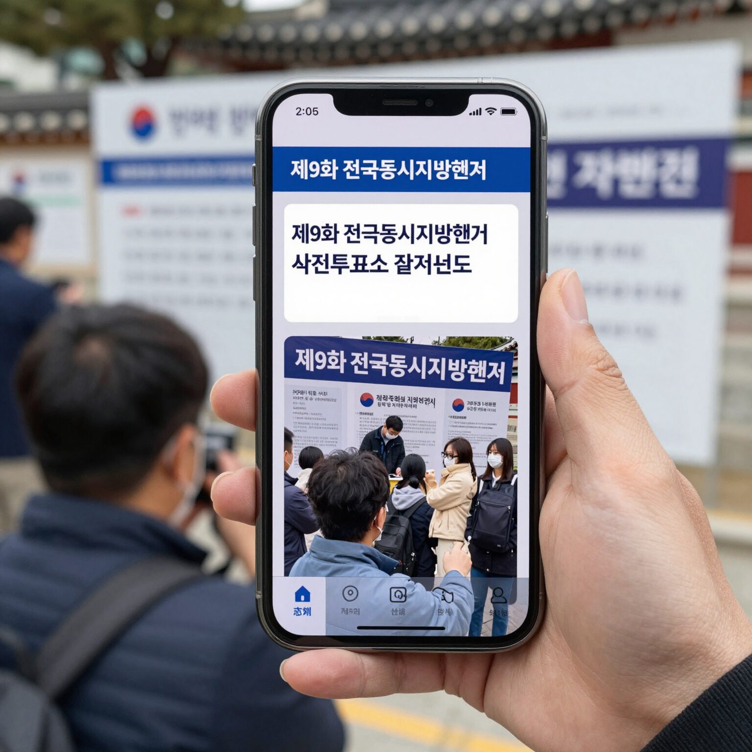 제9회 전국동시지방선거 사전투표소 위치를 스마트폰으로 확인하는 모습