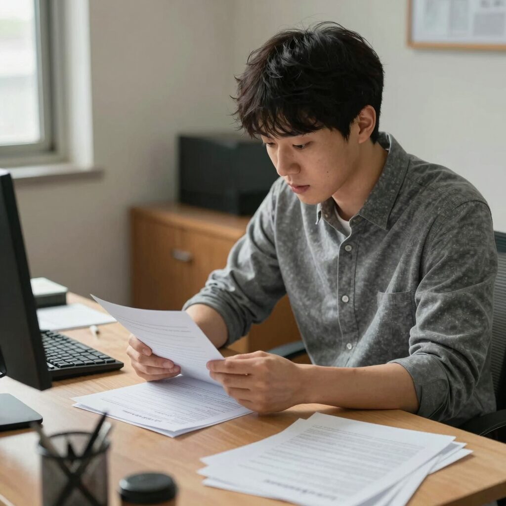 프리랜서가 종합소득세 신고를 위해 서류를 정리하고 있는 모습