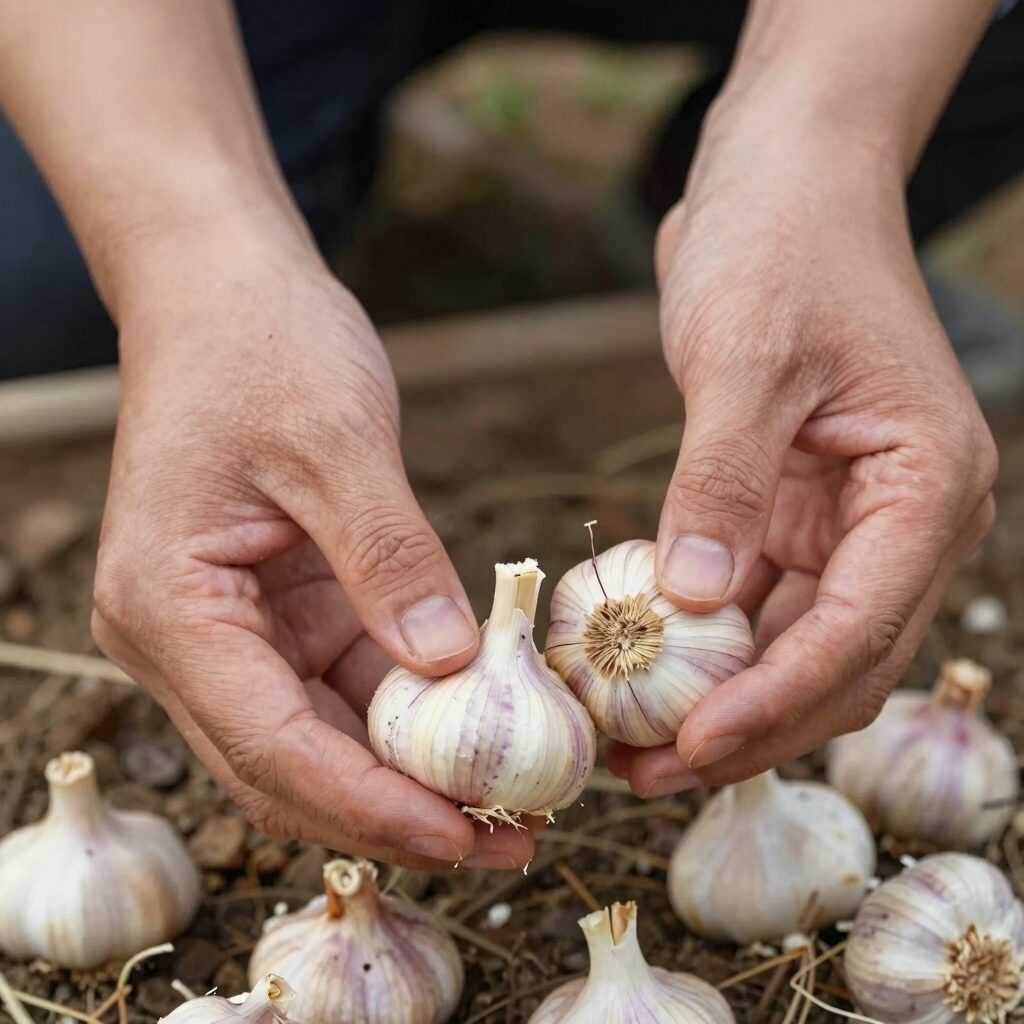 마늘쫑을 손으로 뽑는 모습, 수확 타이밍과 방법 설명
