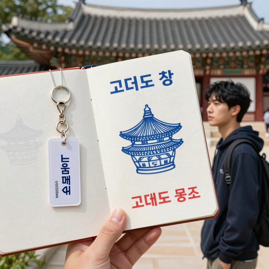 고대도 여행 굿즈 스탬프북과 NFC 키링을 들고 있는 모습