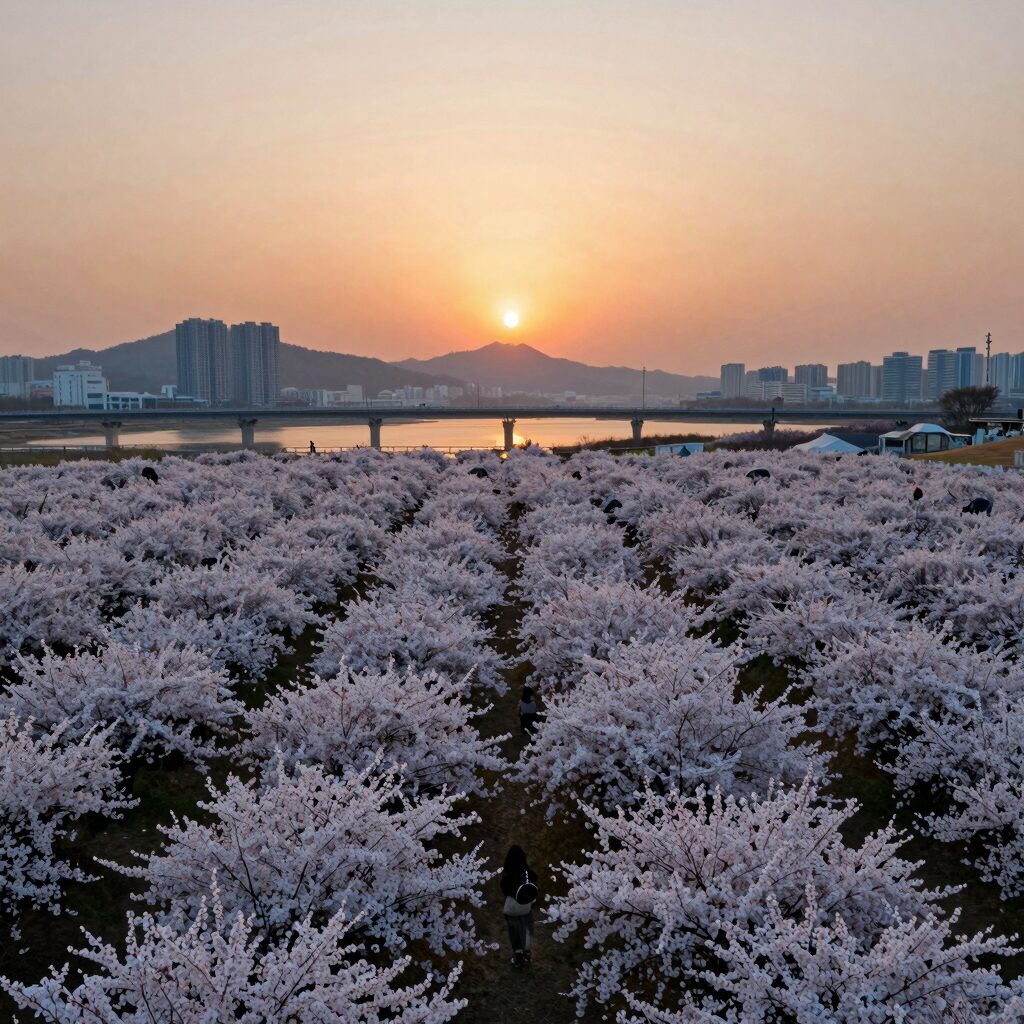 구리 한강시민공원 고덕토평대교 배경의 유채꽃 대단지 노을 풍경