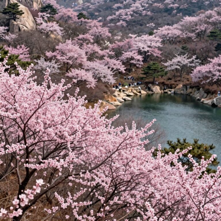 한라산 영실코스 철쭉 만개 풍경, 선작지왓에서 바라본 핑크빛 철쭉 군락과 백록담 배경