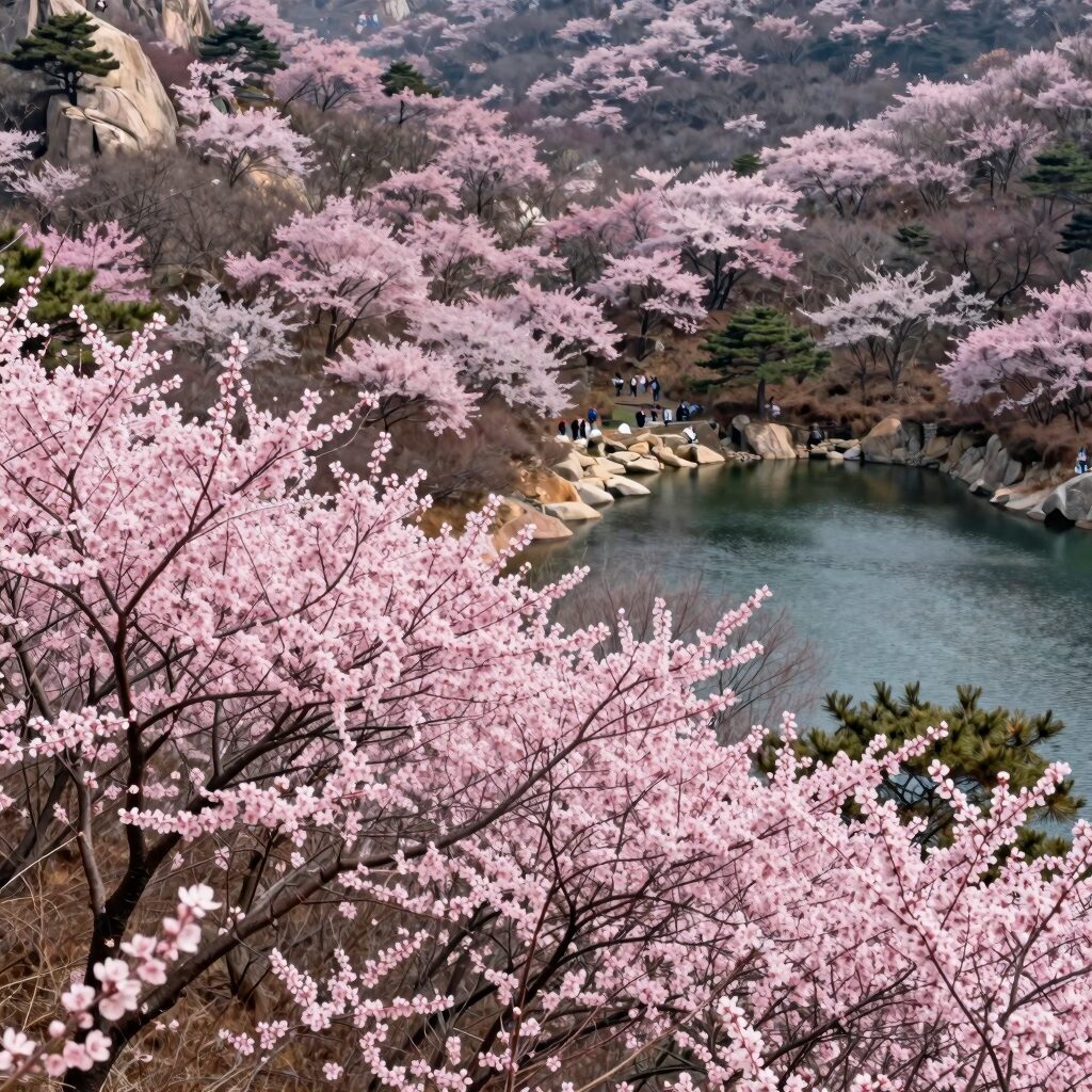 한라산 영실코스 철쭉 만개 풍경, 선작지왓에서 바라본 핑크빛 철쭉 군락과 백록담 배경