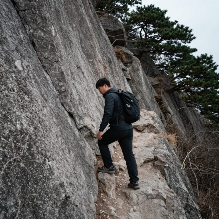 실족사 위험이 높은 등산로 절벽 구간에서 조심스럽게 걷는 사람의 모습