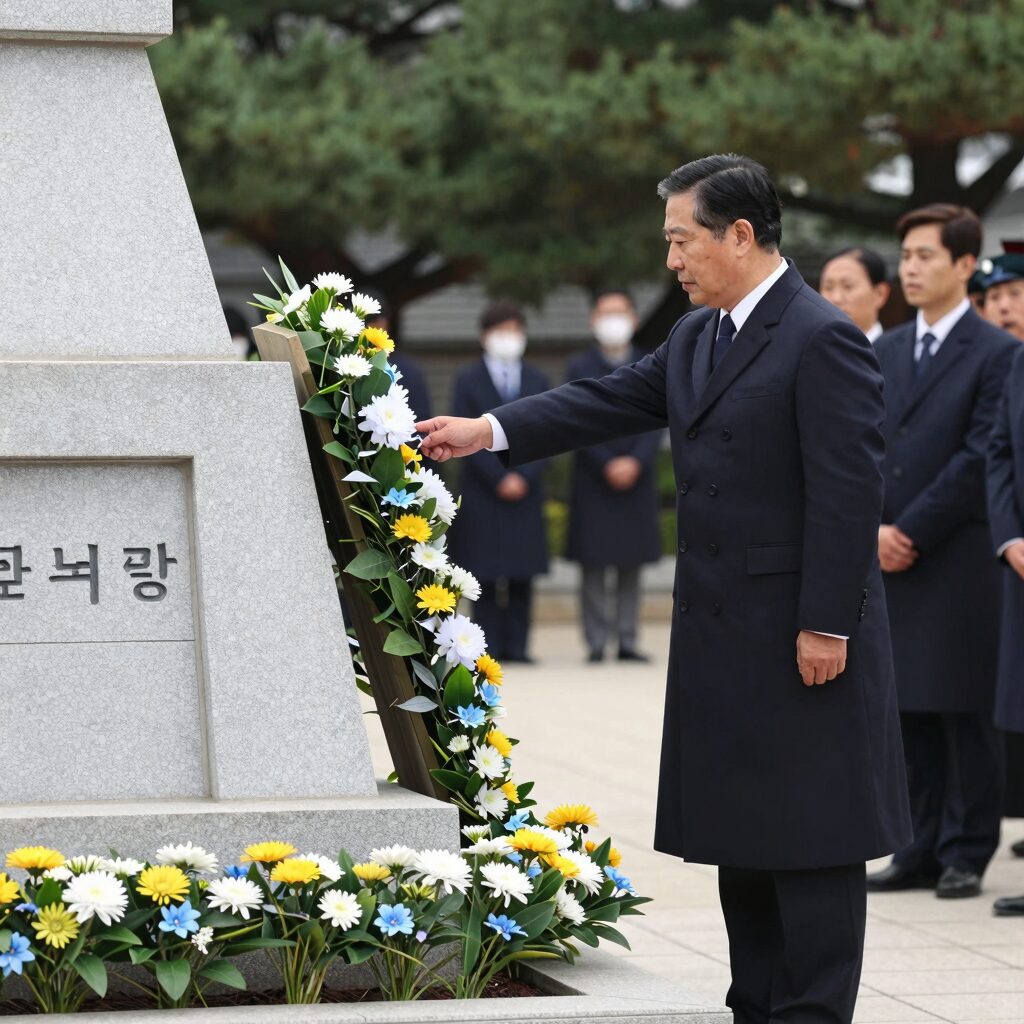 현충일 국립묘지 추념식에서 헌화하는 모습