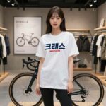 캉골티셔츠 크래쉬 컬렉션 크래쉬 컬렉션 우먼스 빅 로고 티셔츠를 착용한 모델이 홍대 플래그십 스토어 바이크 전시 앞에서 포즈를 취한 사진