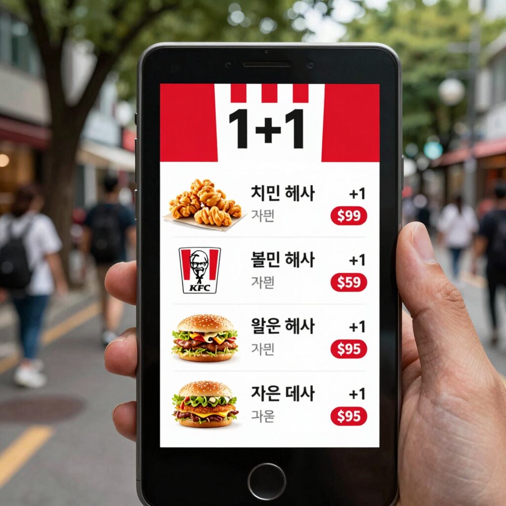KFC 치킨나이트 1+1 행사 메뉴 가격표 키오스크 화면
