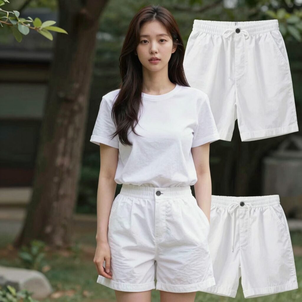 배우 나나가 착용한 르꼬끄 우븐 쇼츠 화이트 반바지 코디