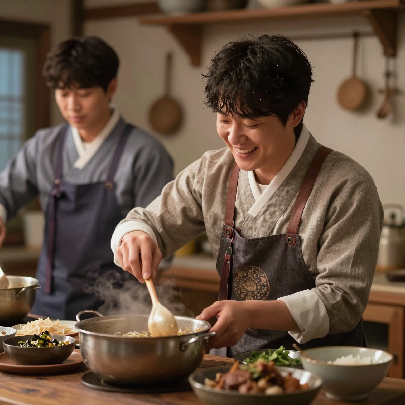 전설의 취사병 출연진이 취사장에서 웃으며 요리하고 있는 모습, 따뜻한 무드의 스틸컷