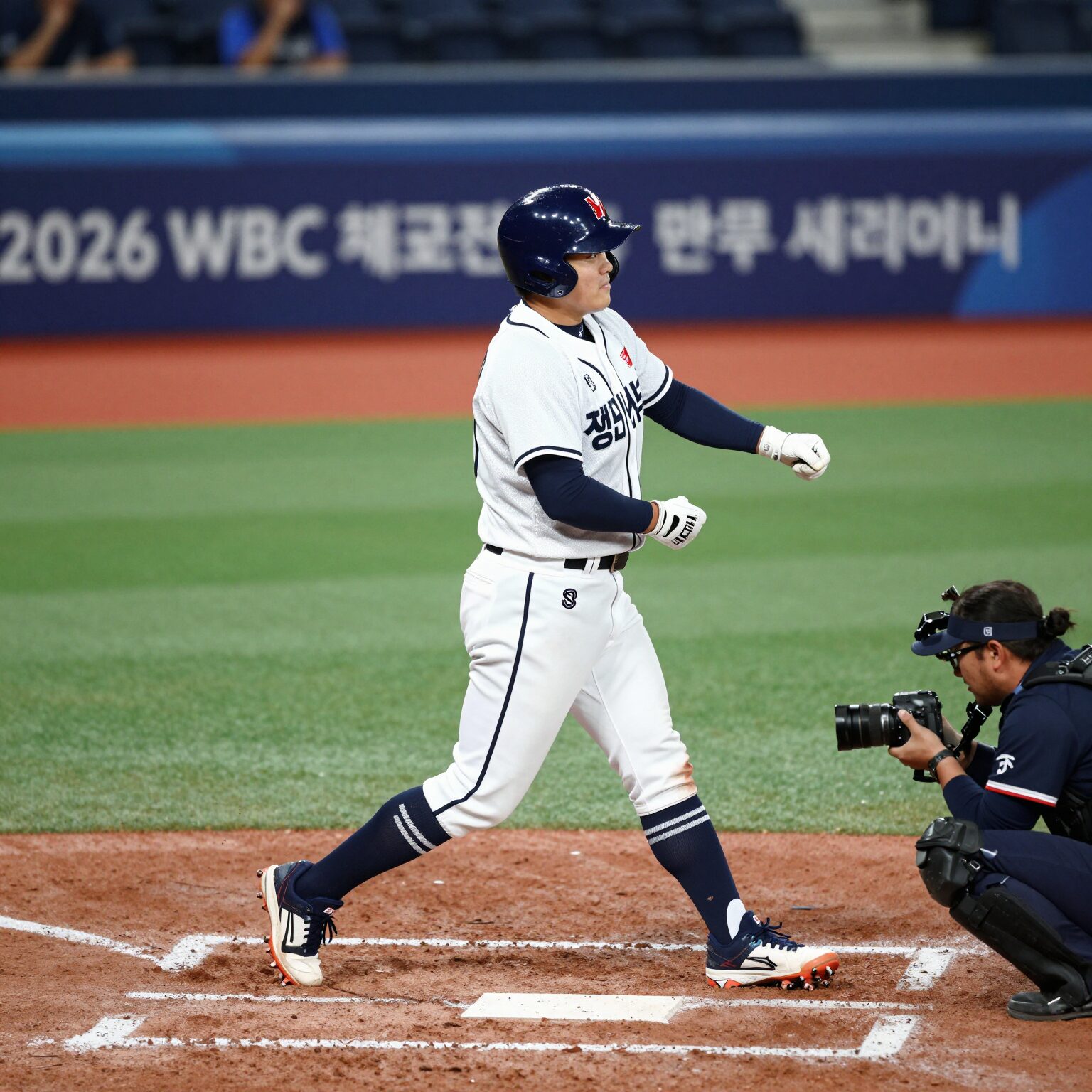 문보경이 2026 WBC 체코전에서 만루홈런을 친 후 비행기 세리머니를 하고 있는 모습.