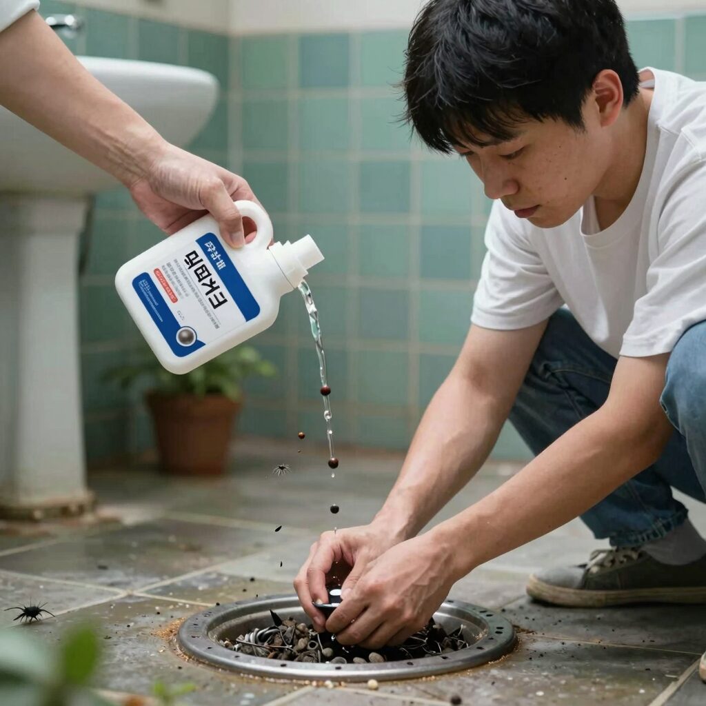 화장실 배수구에 나방파리 퇴치용 살충제를 뿌리는 모습