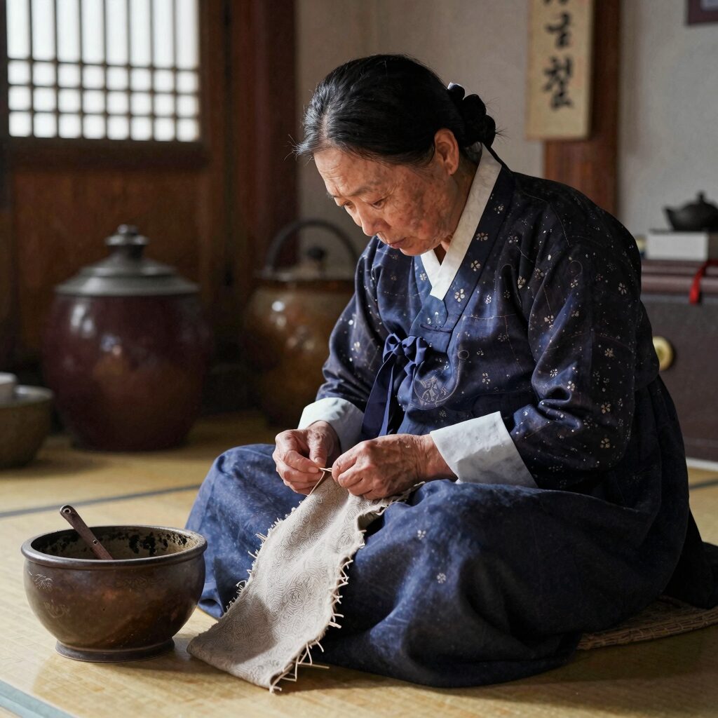 어머님 은혜 작사가 윤춘병 시인과 등잔불 아래 바느질하는 어머니의 모습