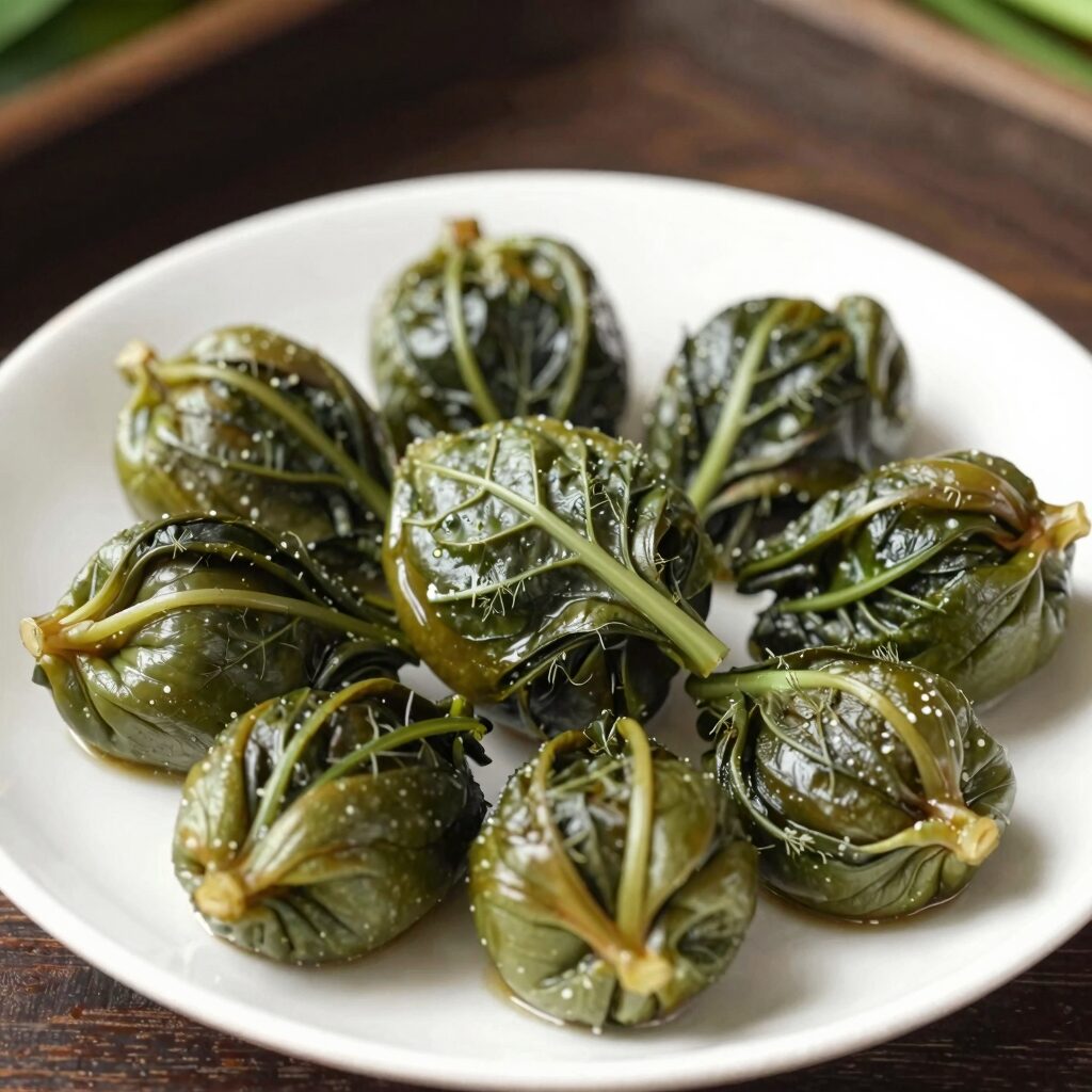 노랗게 익은 뽕잎장아찌와 어린 오디가 함께 담긴 모습