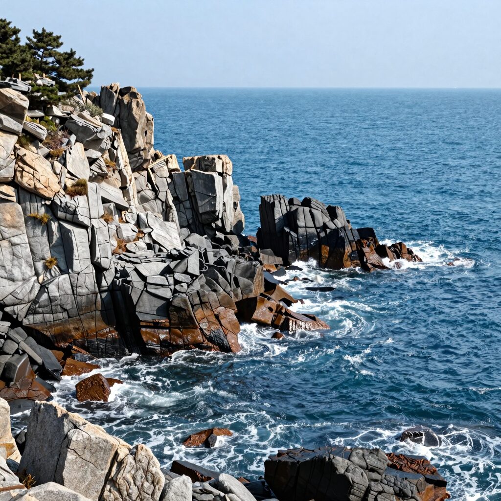 남해 금산 보리암에서 바라본 한려해상 국립공원의 푸른 바다와 기암괴석 절경