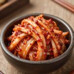 햇양파김치 만드는법 완성된 햇양파김치가 그릇에 담겨 있는 모습, 아삭한 식감과 붉은 양념이 보인다