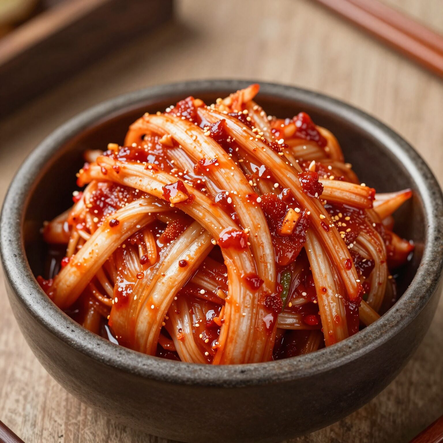 완성된 햇양파김치가 그릇에 담겨 있는 모습, 아삭한 식감과 붉은 양념이 보인다