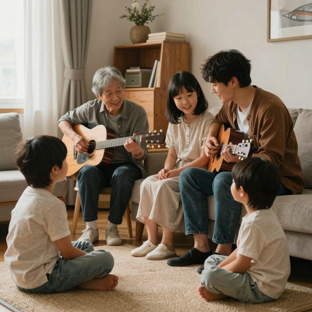 어버이날 가족이 거실에 모여 감동적인 노래를 부르는 따뜻한 풍경