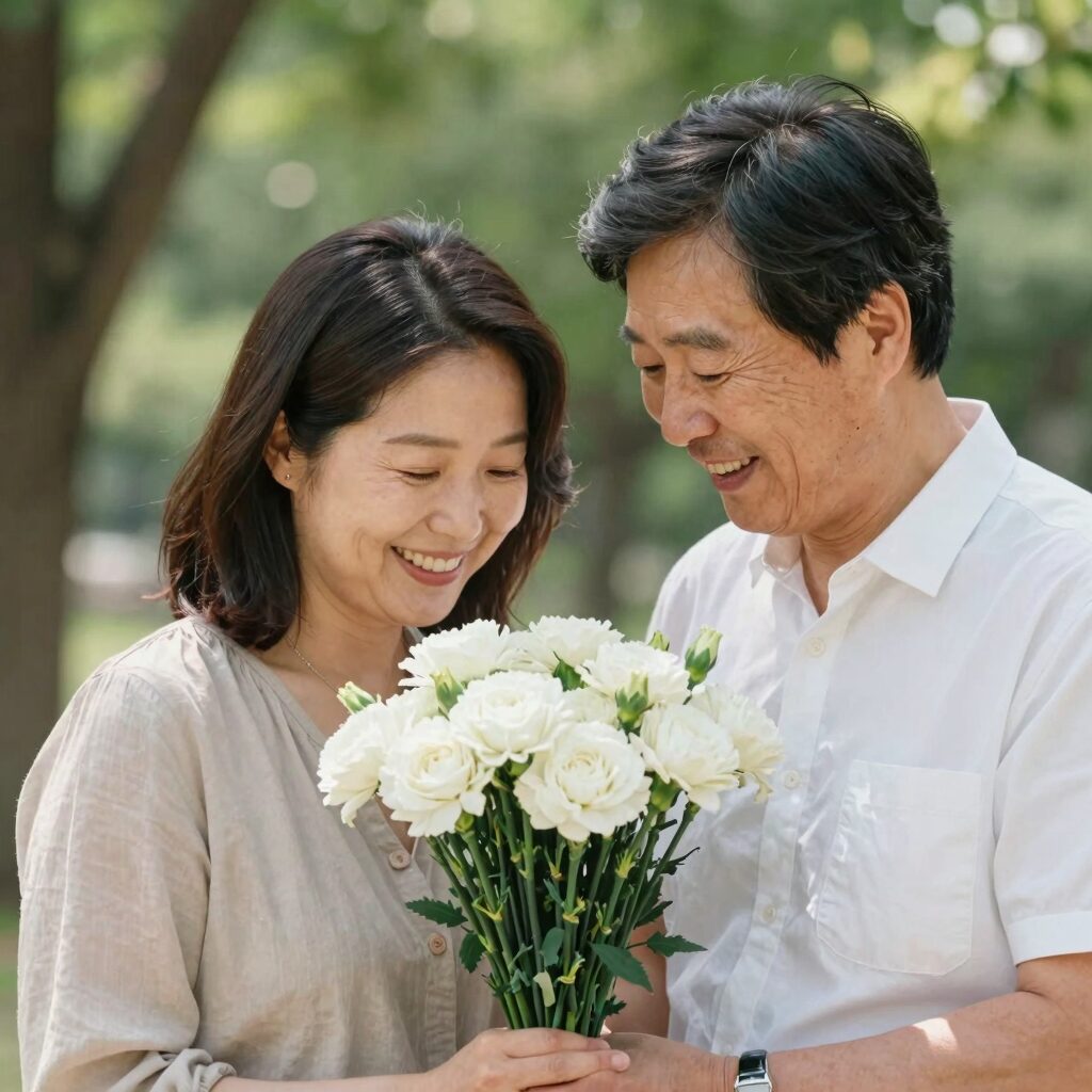 어버이날 부모님이 카네이션과 함께 행복하게 웃는 모습