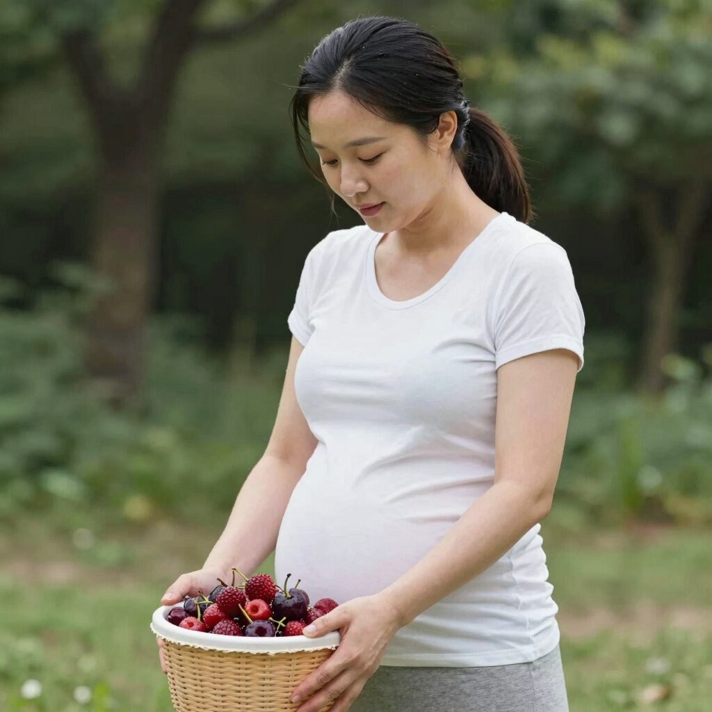 임산부가 깨끗이 씻은 신선한 산딸기를 바구니에 담아 든 모습