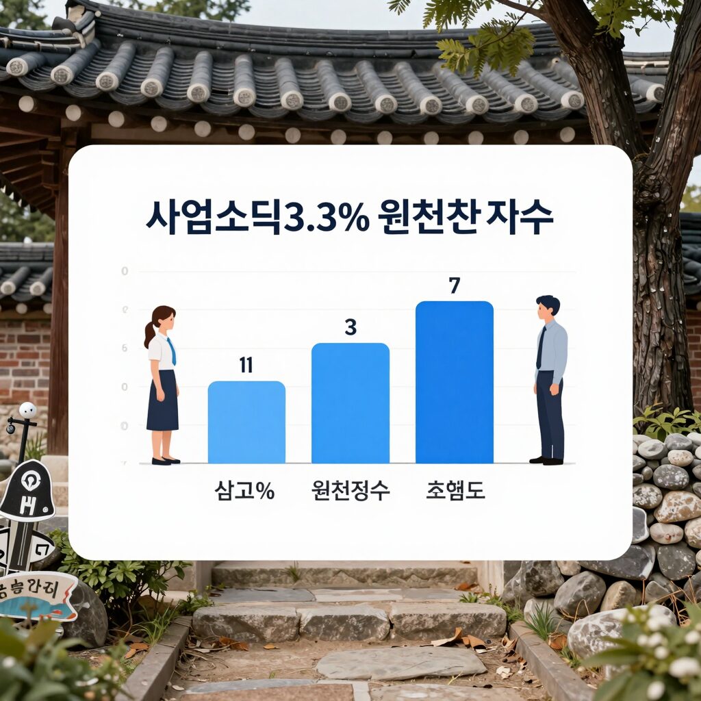 사업소득 3.3% 원천징수 흐름도와 신고 납부 기한을 보여주는 다이어그램