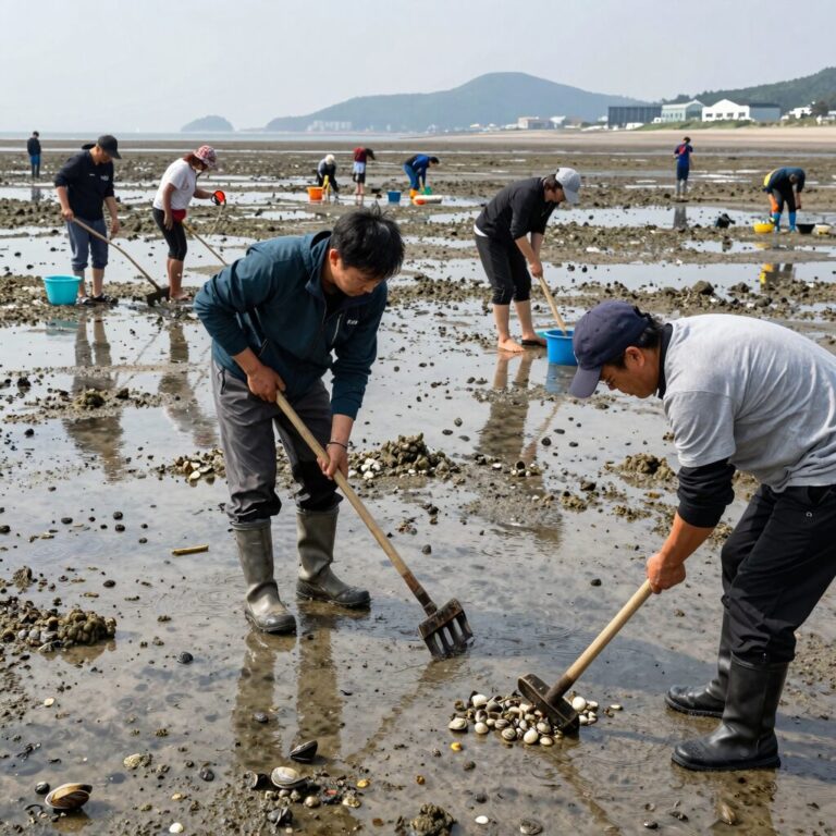 서천 비인해수욕장 동죽 조개를 캐는 사람들의 모습. 갯벌이 넓게 드러나 있고 사람들이 호미로 바닥을 긁고 있다.